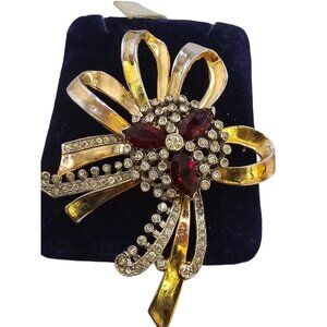 Antique 40s Gold Plated Cast Rhinestone Bow Brooch (A8900)